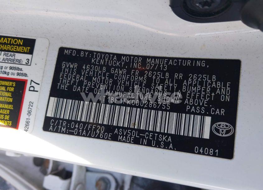 Photo 9 of 2013 Toyota Camry SE (VIN 4T1BF1FK0DU286755)