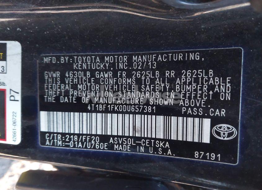 Photo 9 of 2013 Toyota Camry SE (VIN 4T1BF1FK0DU657381)