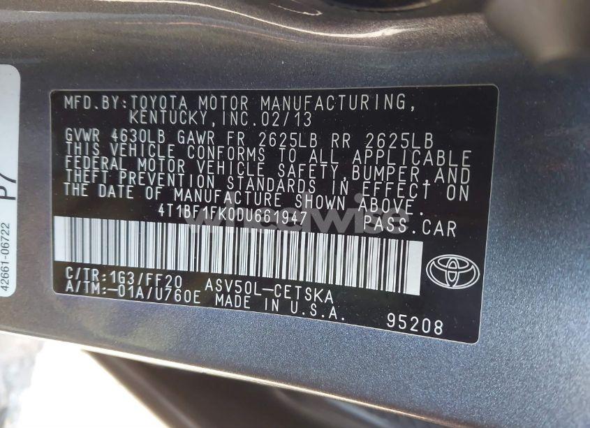 Photo 9 of 2013 Toyota Camry SE (VIN 4T1BF1FK0DU661947)
