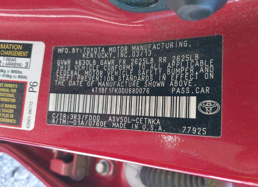 Photo 9 of 2013 Toyota Camry LE (VIN 4T1BF1FK0DU680076)