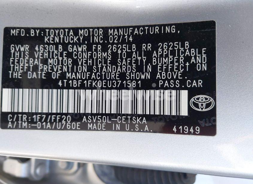 Photo 9 of 2014 Toyota Camry SE (VIN 4T1BF1FK0EU371581)