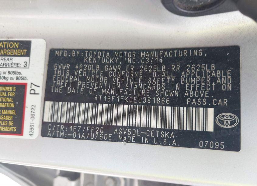 Photo 9 of 2014 Toyota Camry SE (VIN 4T1BF1FK0EU381866)