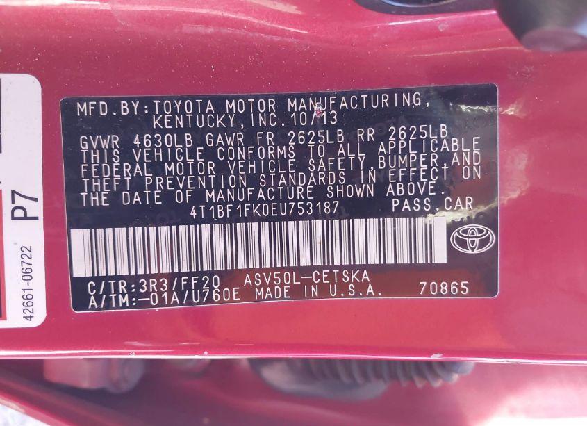 Photo 9 of 2014 Toyota Camry SE (VIN 4T1BF1FK0EU753187)