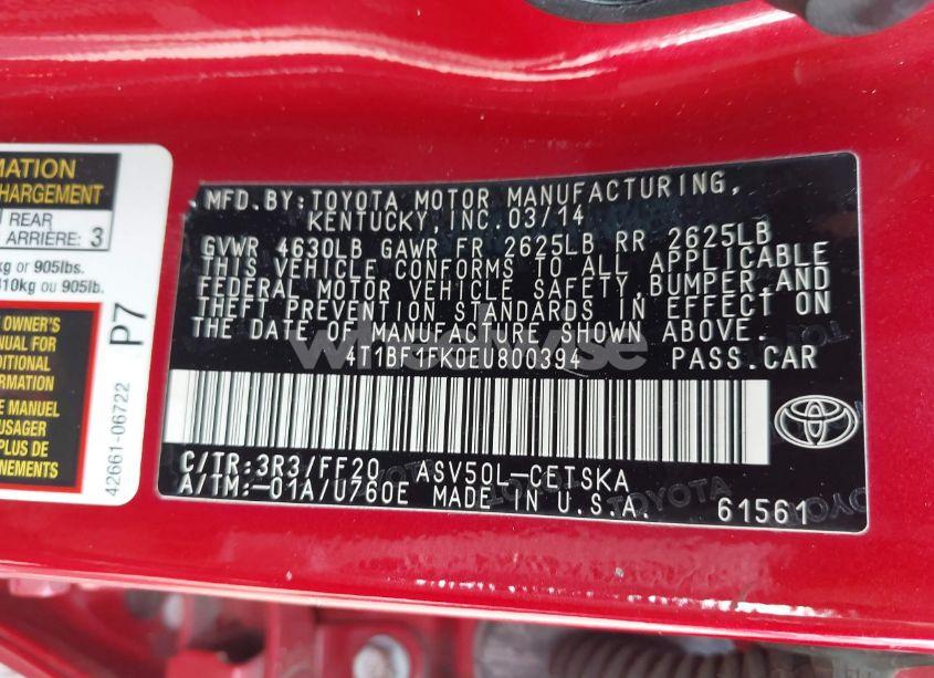 Photo 9 of 2014 Toyota Camry SE (VIN 4T1BF1FK0EU800394)