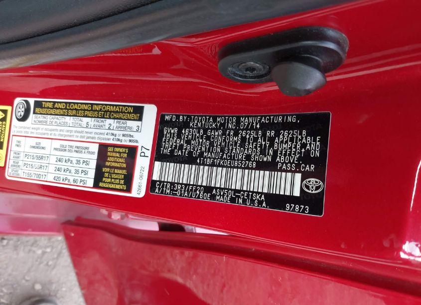 Photo 9 of 2014 Toyota Camry SE (VIN 4T1BF1FK0EU852768)