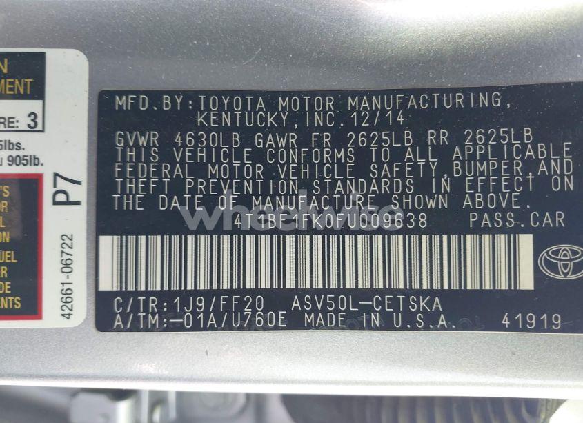 Photo 9 of 2015 Toyota Camry SE (VIN 4T1BF1FK0FU009638)