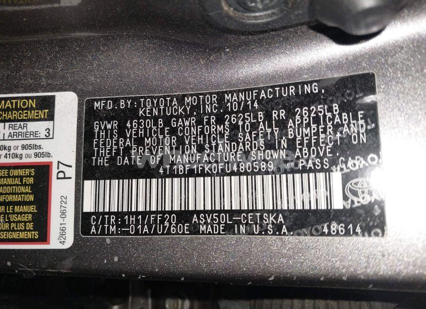 Photo 9 of 2015 Toyota Camry SE (VIN 4T1BF1FK0FU480589)