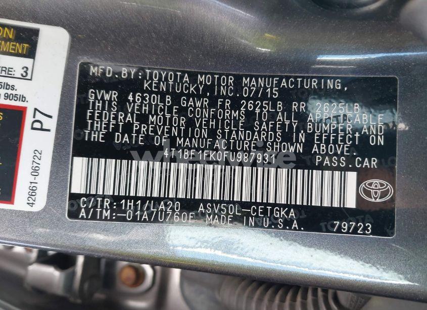 Photo 9 of 2015 Toyota Camry XLE (VIN 4T1BF1FK0FU987931)