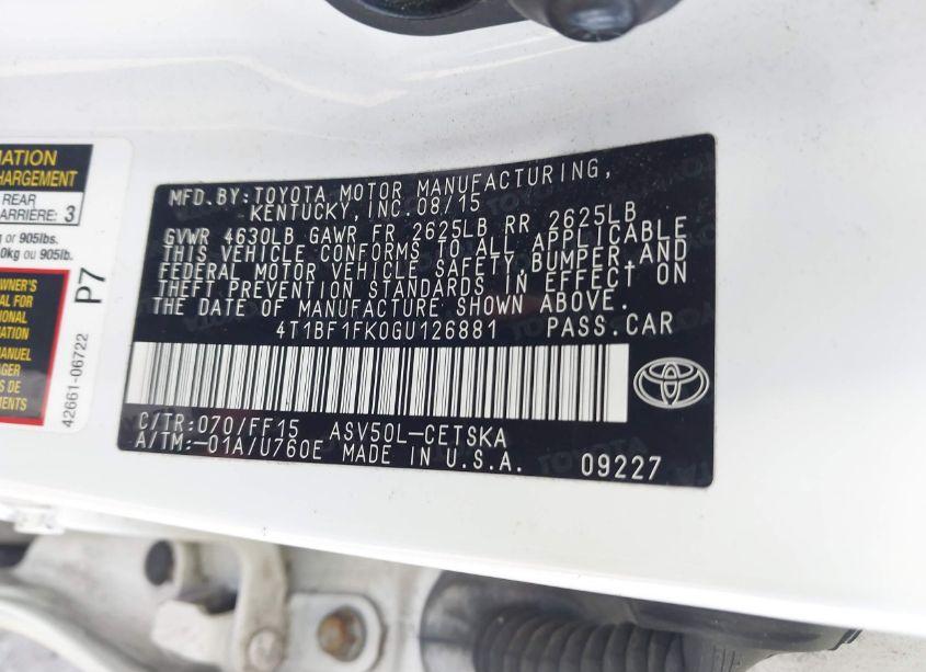 Photo 9 of 2016 Toyota Camry SE (VIN 4T1BF1FK0GU126881)