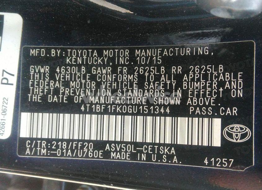 Photo 9 of 2016 Toyota Camry SE (VIN 4T1BF1FK0GU151344)