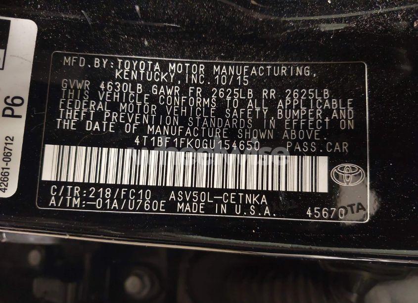 Photo 9 of 2016 Toyota Camry LE (VIN 4T1BF1FK0GU154650)