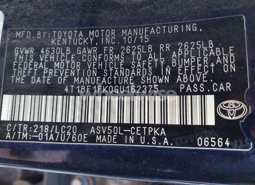 Photo 9 of 2016 Toyota Camry XSE (VIN 4T1BF1FK0GU162375)