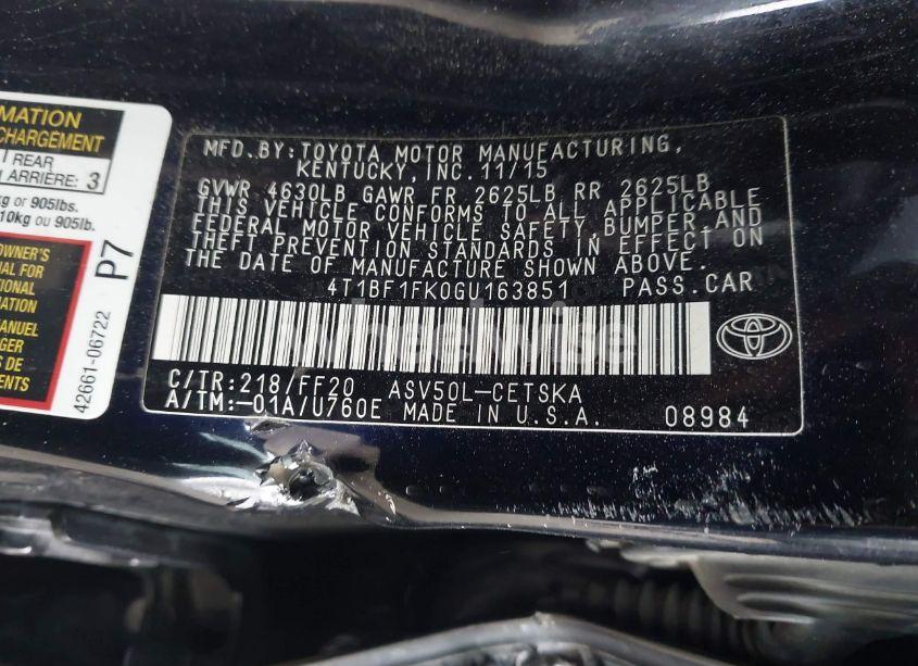 Photo 9 of 2016 Toyota Camry SE (VIN 4T1BF1FK0GU163851)