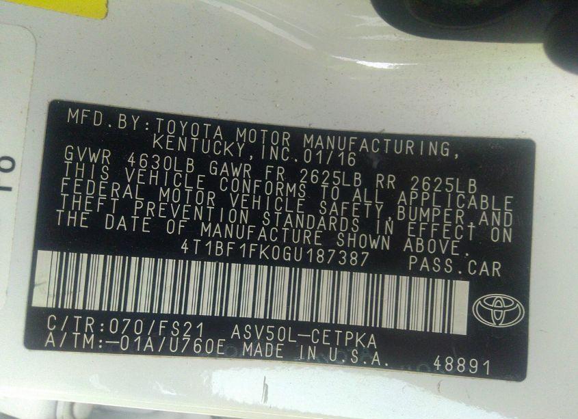 Photo 9 of 2016 Toyota Camry SE (VIN 4T1BF1FK0GU187387)