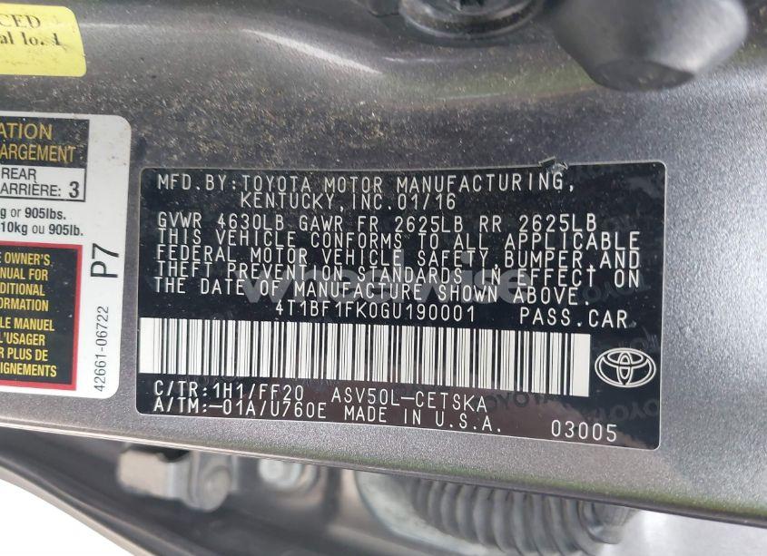 Photo 9 of 2016 Toyota Camry SE (VIN 4T1BF1FK0GU190001)