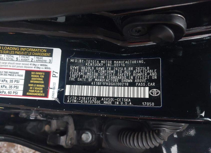 Photo 9 of 2016 Toyota Camry SE (VIN 4T1BF1FK0GU200218)