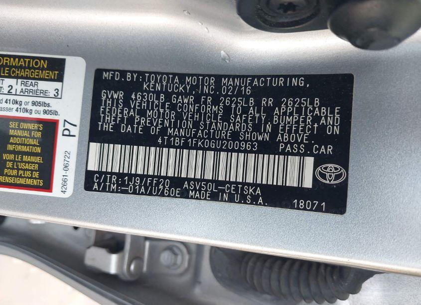 Photo 9 of 2016 Toyota Camry SE (VIN 4T1BF1FK0GU200963)