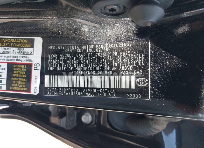 Photo 9 of 2016 Toyota Camry LE (VIN 4T1BF1FK0GU203958)