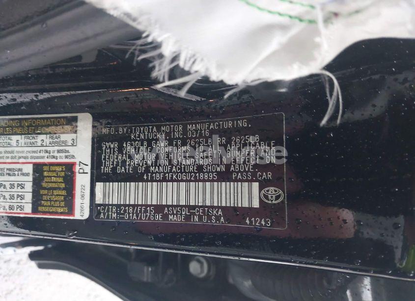 Photo 9 of 2016 Toyota Camry SE (VIN 4T1BF1FK0GU218895)