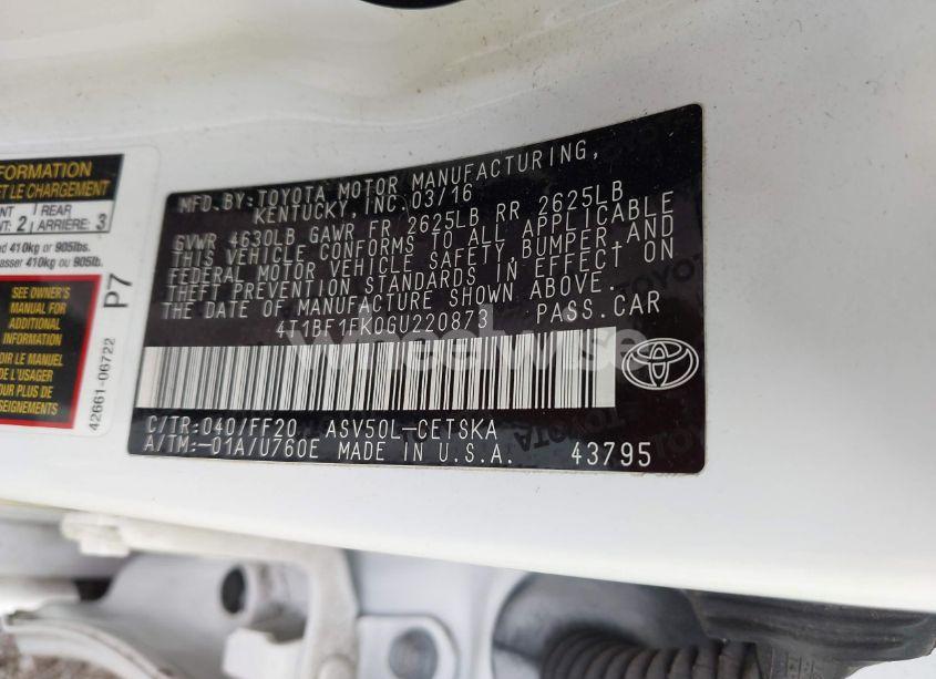 Photo 9 of 2016 Toyota Camry SE (VIN 4T1BF1FK0GU220873)