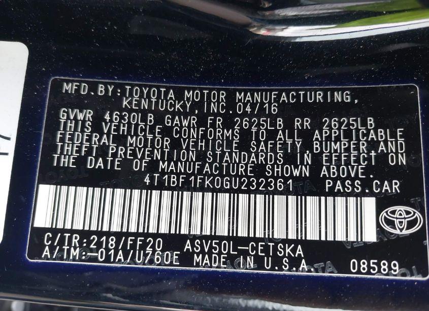 Photo 9 of 2016 Toyota Camry SE (VIN 4T1BF1FK0GU232361)