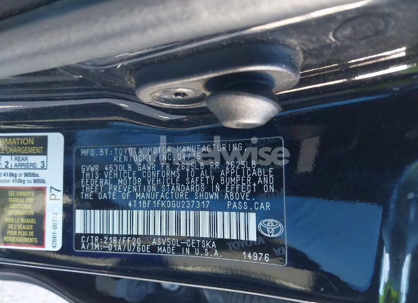 Photo 9 of 2016 Toyota Camry SE (VIN 4T1BF1FK0GU237317)