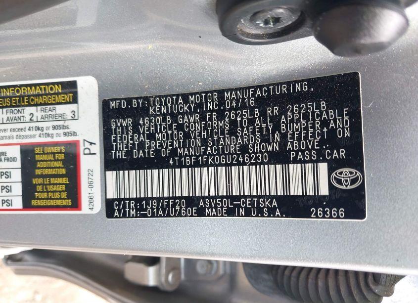 Photo 9 of 2016 Toyota Camry SE (VIN 4T1BF1FK0GU246230)
