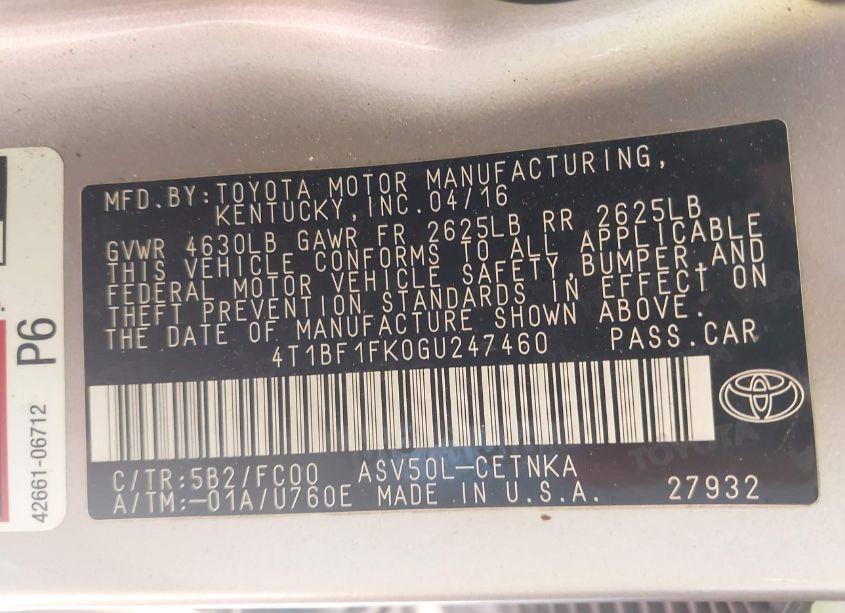 Photo 9 of 2016 Toyota Camry LE (VIN 4T1BF1FK0GU247460)