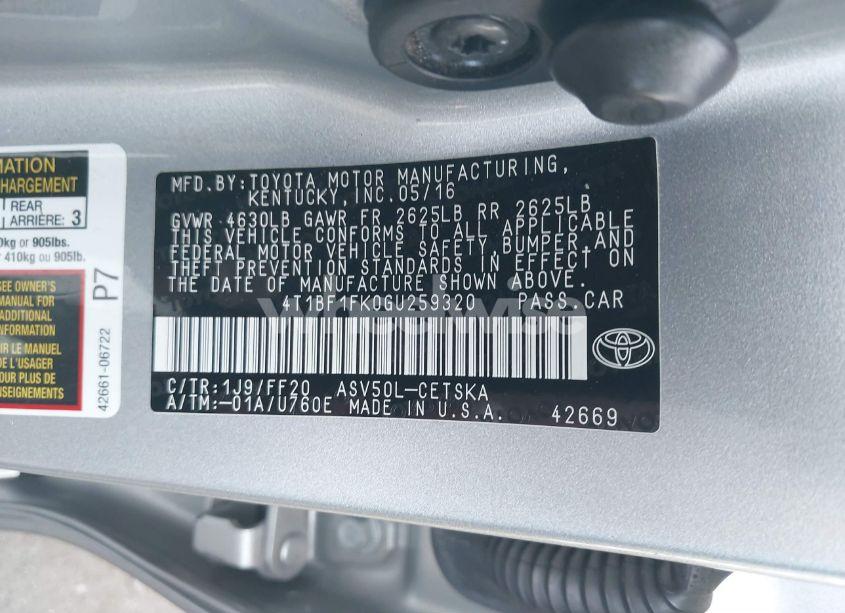 Photo 9 of 2016 Toyota Camry SE (VIN 4T1BF1FK0GU259320)