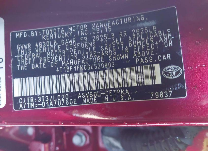 Photo 9 of 2016 Toyota Camry XSE (VIN 4T1BF1FK0GU520803)