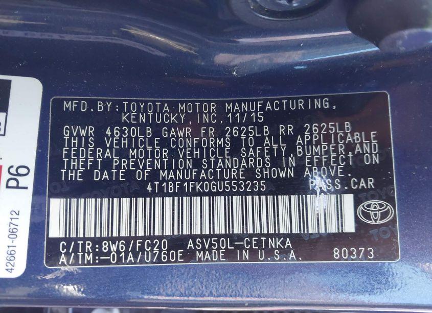 Photo 9 of 2016 Toyota Camry LE (VIN 4T1BF1FK0GU553235)