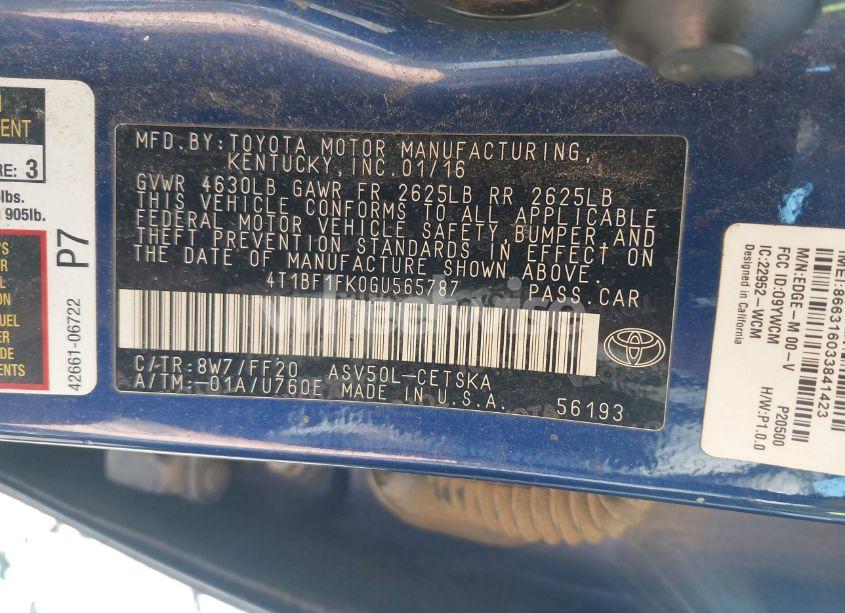 Photo 9 of 2016 Toyota Camry SE (VIN 4T1BF1FK0GU565787)