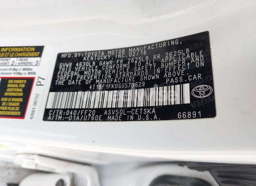 Photo 9 of 2016 Toyota Camry SE (VIN 4T1BF1FK0GU573629)