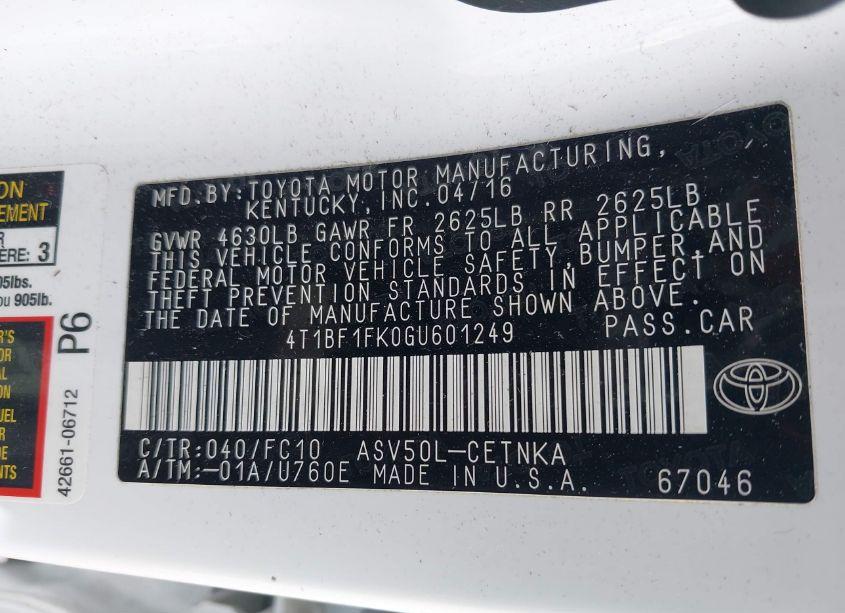 Photo 9 of 2016 Toyota Camry LE (VIN 4T1BF1FK0GU601249)