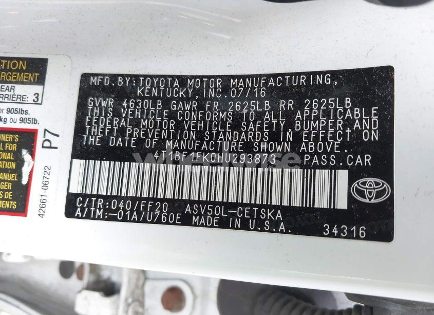 Photo 9 of 2017 Toyota Camry SE (VIN 4T1BF1FK0HU293873)