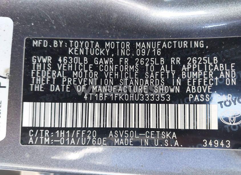 Photo 9 of 2017 Toyota Camry SE (VIN 4T1BF1FK0HU333353)