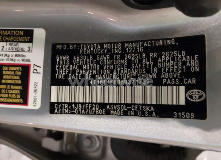 Photo 9 of 2017 Toyota Camry SE (VIN 4T1BF1FK0HU371732)