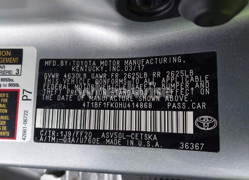 Photo 9 of 2017 Toyota Camry SE (VIN 4T1BF1FK0HU414868)