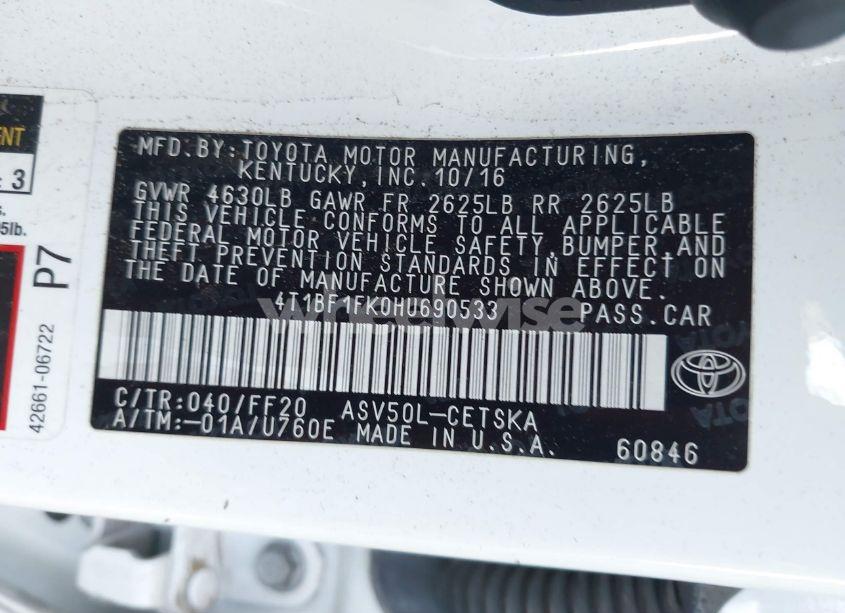 Photo 9 of 2017 Toyota Camry SE (VIN 4T1BF1FK0HU690533)