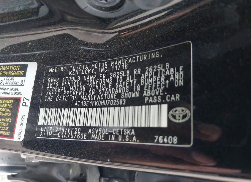 Photo 9 of 2017 Toyota Camry SE (VIN 4T1BF1FK0HU702583)
