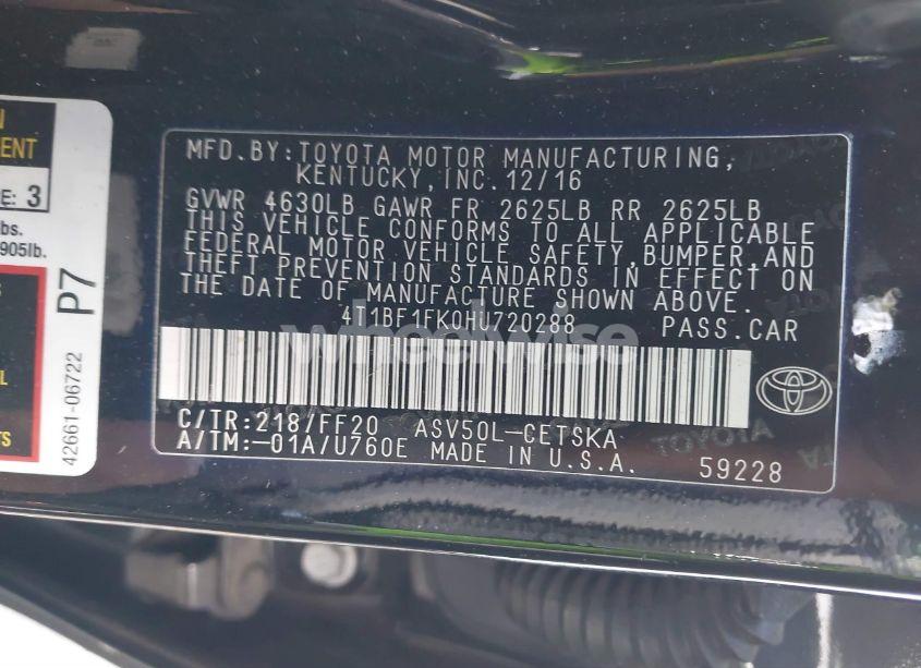 Photo 9 of 2017 Toyota Camry SE (VIN 4T1BF1FK0HU720288)