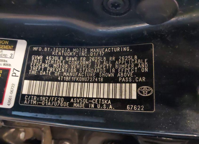 Photo 9 of 2017 Toyota Camry SE (VIN 4T1BF1FK0HU727418)