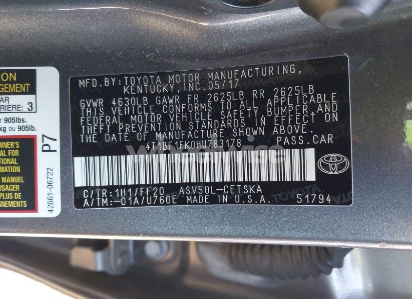 Photo 9 of 2017 Toyota Camry SE (VIN 4T1BF1FK0HU783178)