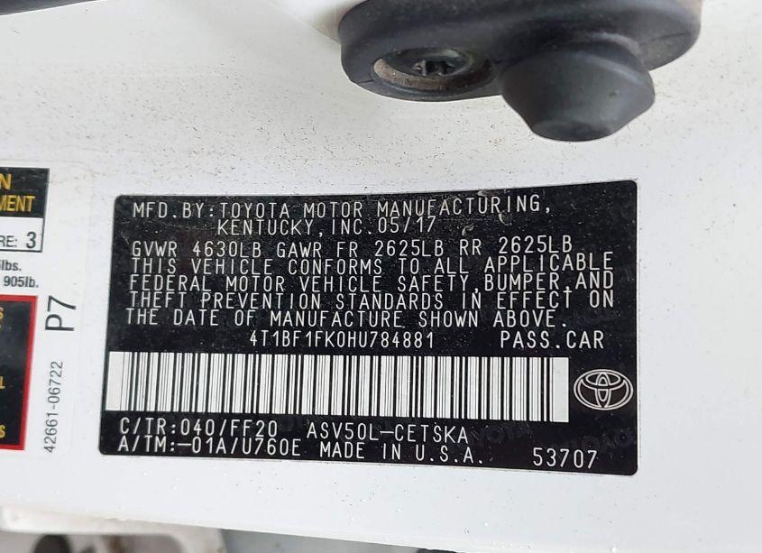 Photo 9 of 2017 Toyota Camry SE (VIN 4T1BF1FK0HU784881)