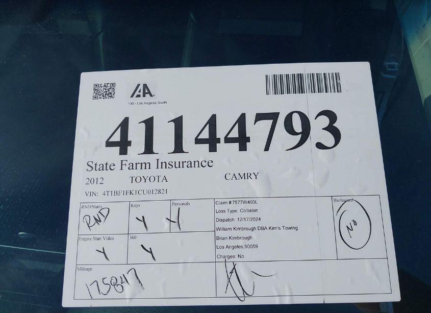 Photo 17 of 2012 Toyota Camry SE (VIN 4T1BF1FK1CU012821)