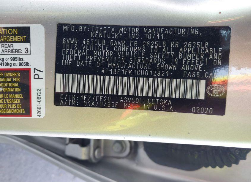 Photo 9 of 2012 Toyota Camry SE (VIN 4T1BF1FK1CU012821)