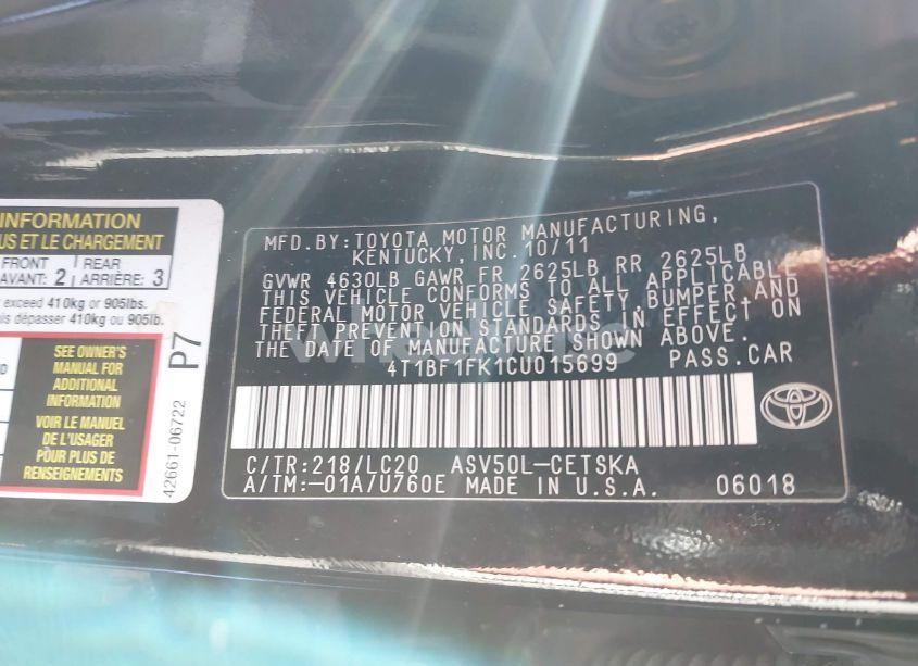 Photo 9 of 2012 Toyota Camry SE (VIN 4T1BF1FK1CU015699)