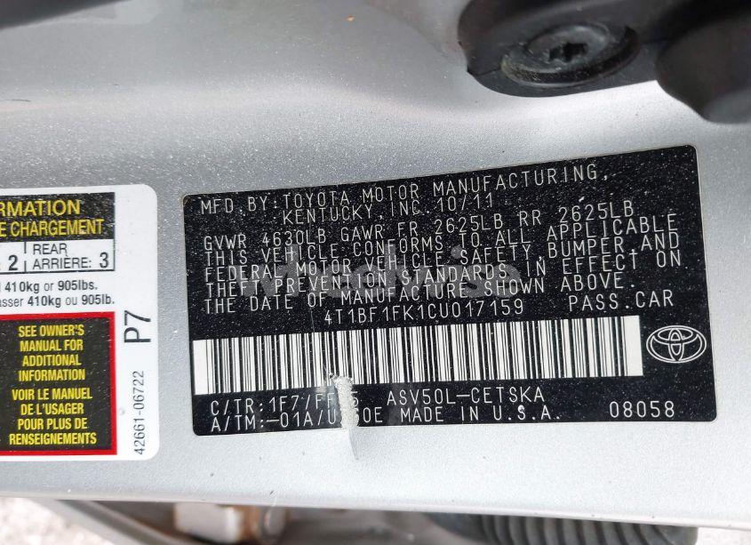 Photo 9 of 2012 Toyota Camry SE (VIN 4T1BF1FK1CU017159)