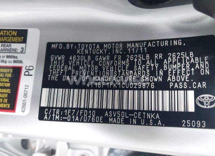 Photo 9 of 2012 Toyota Camry LE (VIN 4T1BF1FK1CU029876)