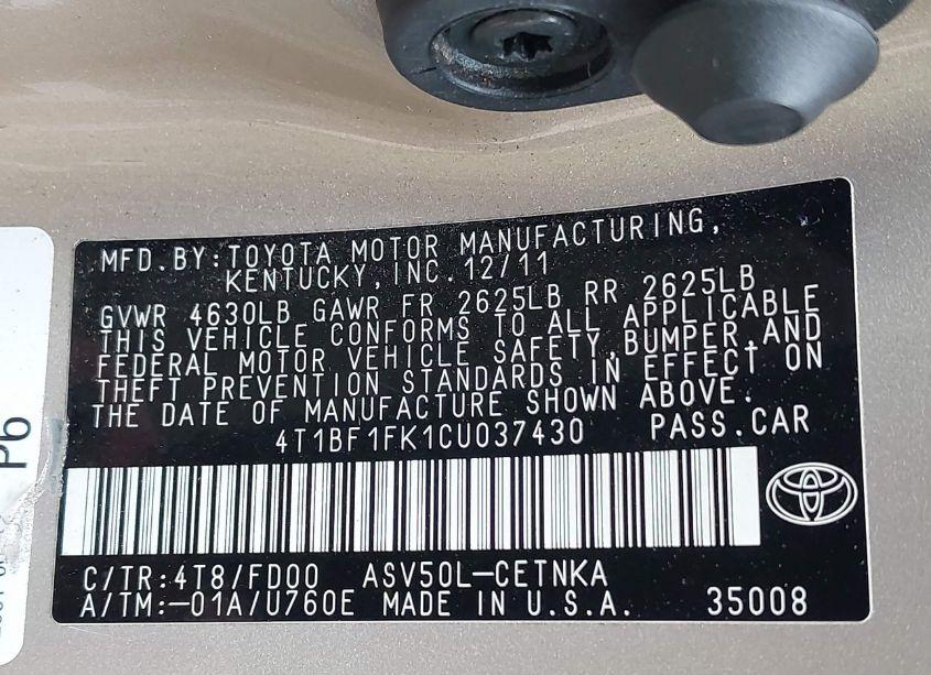 Photo 9 of 2012 Toyota Camry LE (VIN 4T1BF1FK1CU037430)